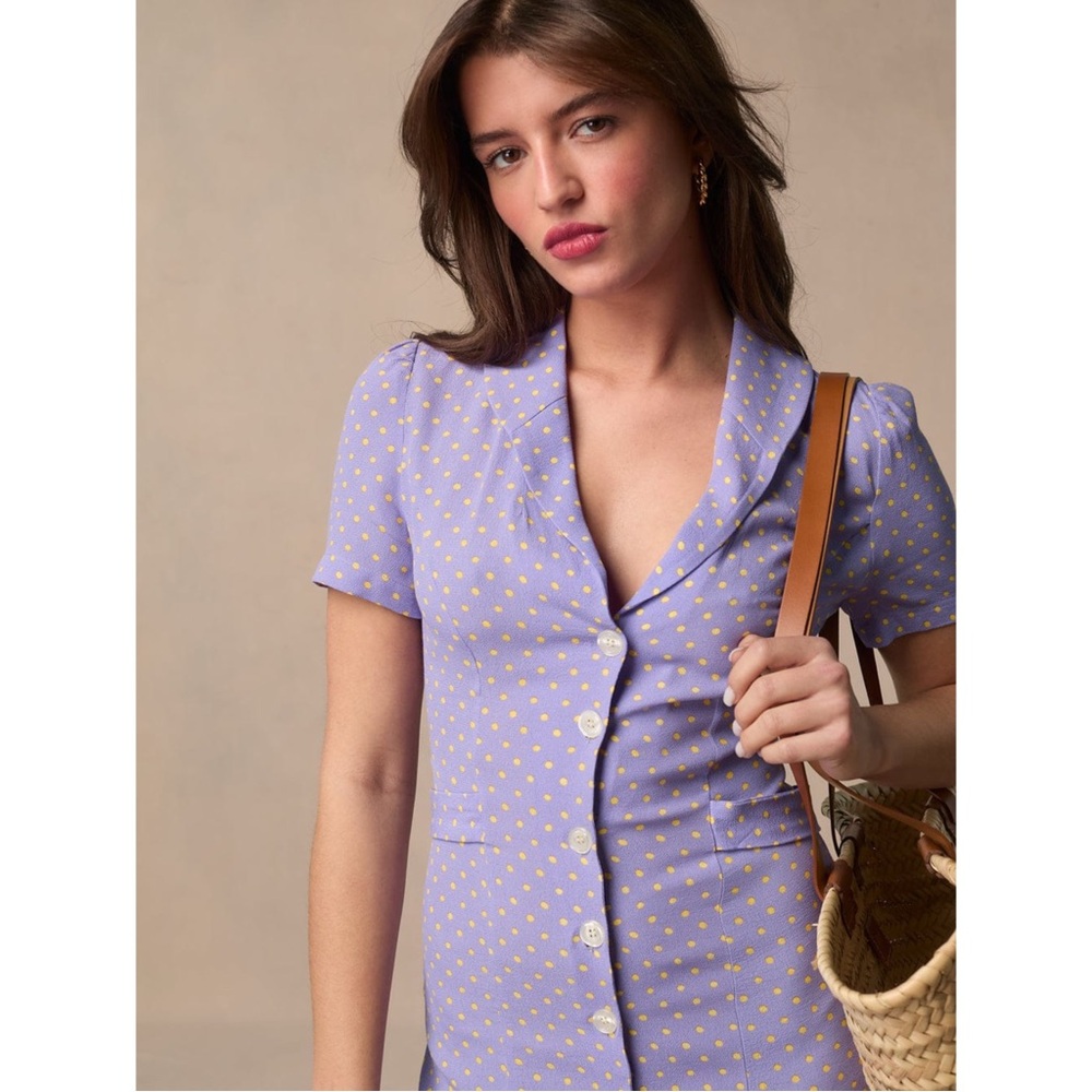 ROUJE NWT Lilac Purple Yellow Polka Dot Printed Button Down Marin Midi Dress 40 - Picture 3 of 17